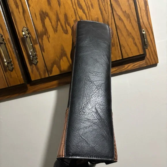 Mixed Media Black Brown Faux Leather Tote Shoulder Purse Document Bag Embossed - Picture 9 of 14